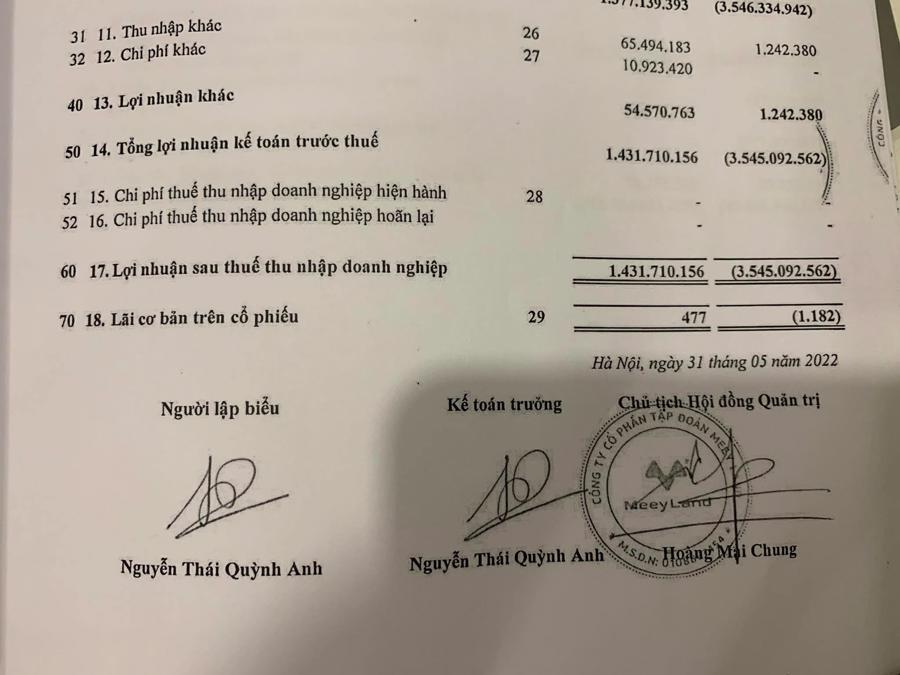 Lợi nhuận sau thuế của MeeyLand t&iacute;nh đến 31/3/2022.