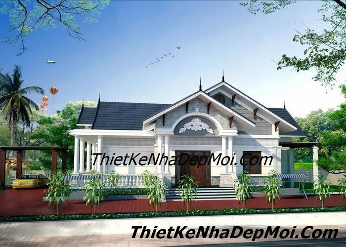 Mặt tiền biệt thự vườn 1 tầng kiểu pháp đẹp mái thái hiện đại ở quê