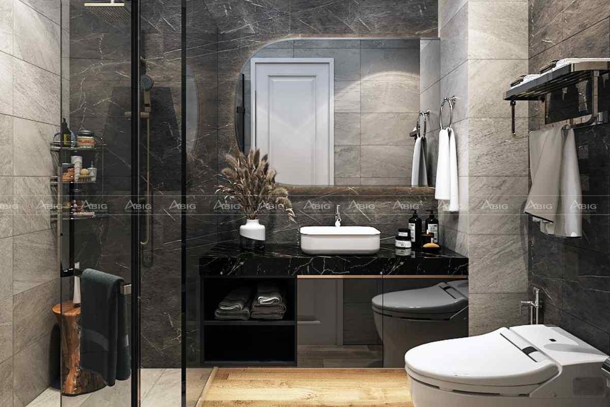 Vẻ đẹp sang trọng được thể hiện trong cách bày trí nội thất phòng vệ sinh