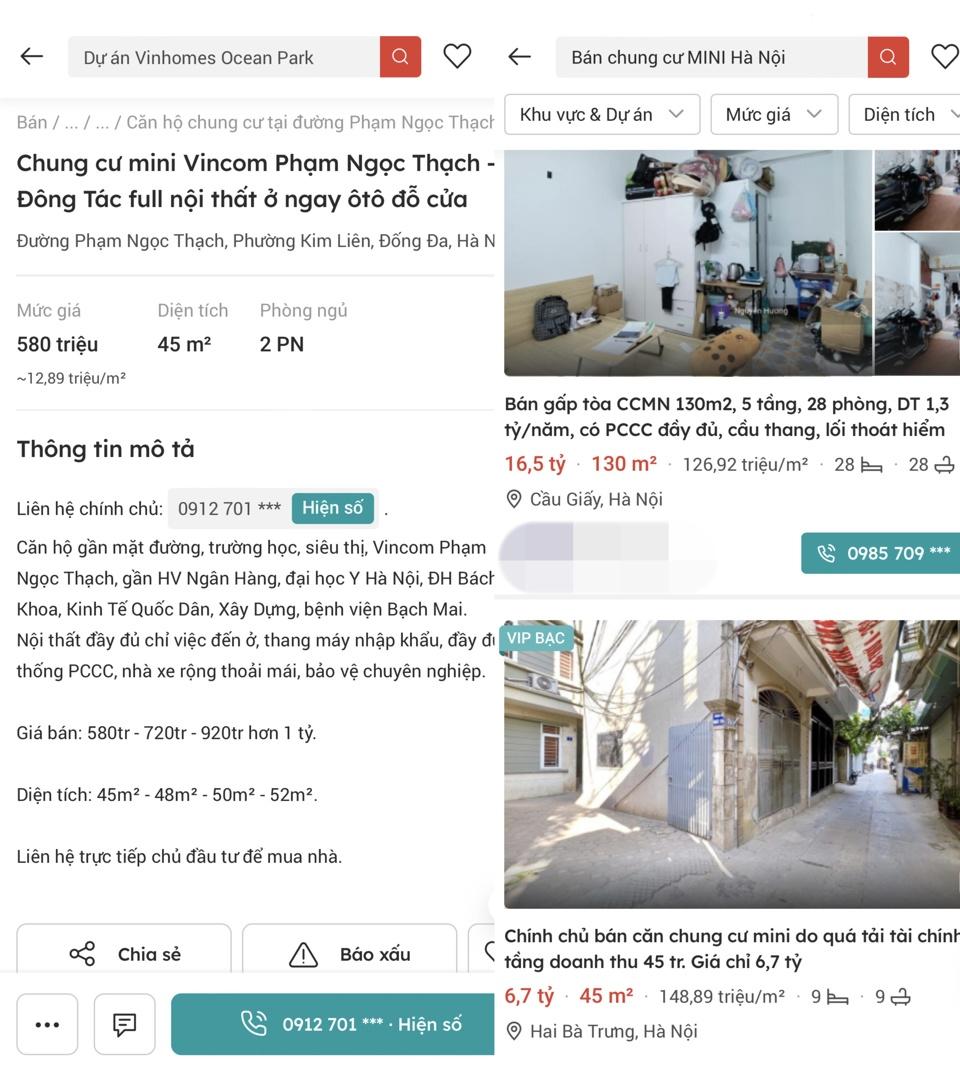 Một số căn hộ chung cư mini được rao b&aacute;n gấp tr&ecirc;n s&agrave;n giao dịch bất động sản trực tuyến. Ảnh chụp m&agrave;n h&igrave;nh.&nbsp;