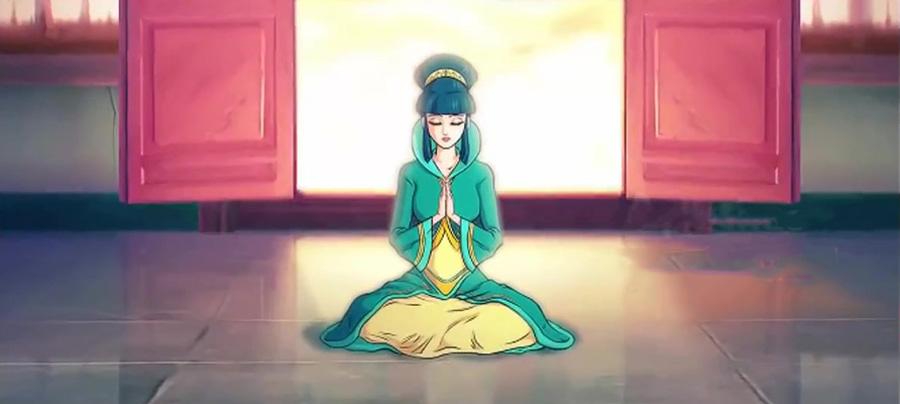 Thánh nữ nhiếp tâm nghĩ tưởng danh hiệu của Đức Phật Giác Hoa Định Tự Tại Vương (nguồn Internet)