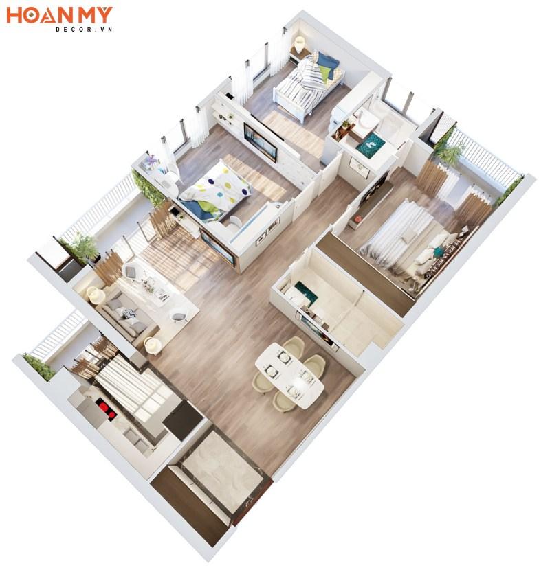 Căn hộ có 3 phòng ngủ nằm về 1 phía yên tĩnh với kiến trúc 3 logia thoáng mát